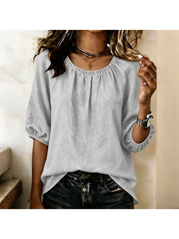 Women's Summer Cotton Linen Tops Oversized Crewneck Half Sleeve Shirts Womens Casual Solid Round Neck Loose Breathable Quickly Dry Short Sleeve T Shirts