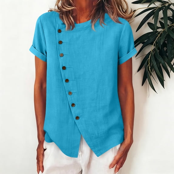 Yteetum Women's Summer Cotton Linen Tops Oversized Short Sleeve Crewneck Asymmetrical Button Shirts Casual Solid Round Neck Loose Lightweight Breathable Qucikly Dry T Shirts