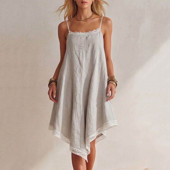 Yteetum Women's Summer Dreeses Sleeveless Square Neck Lace Trim Spaghetti Strap Camisole Mini Dress Casual Solid Loose Lightweight Comfy Travel Vacation Dresses