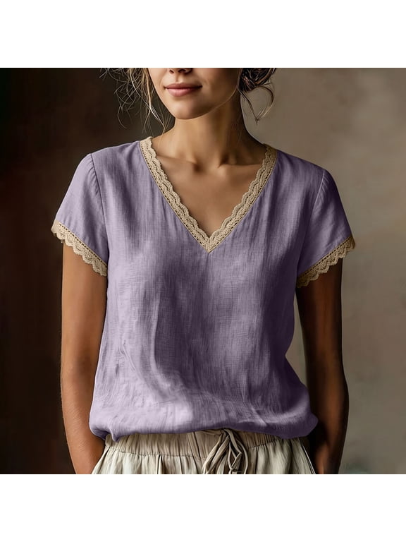 Women's Summer Linen Tops Short Sleeve V Neck Lace Trim Shirts Women Casual Solid Loose Lightweight Comfy Vacation Boho T Shirts