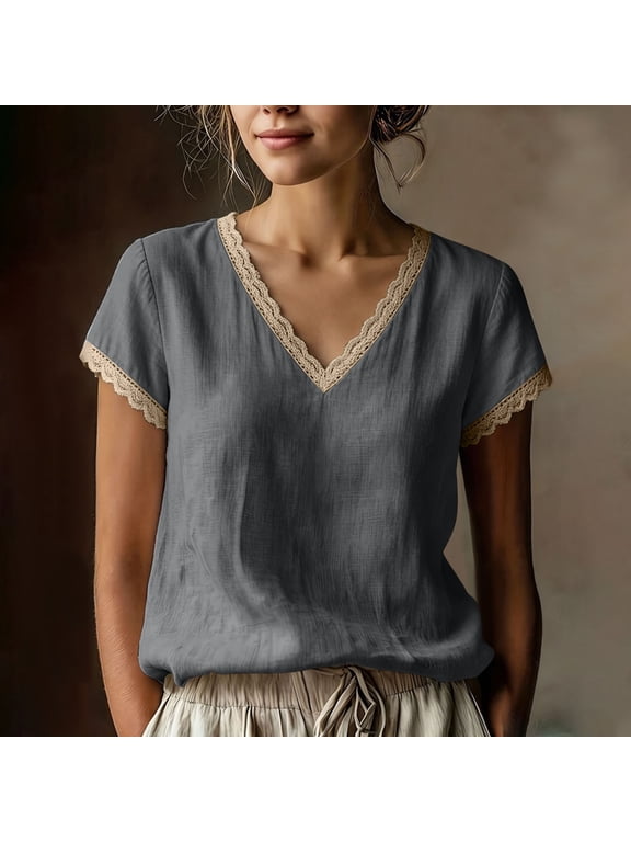 Women's Summer Linen Tops Short Sleeve V Neck Lace Trim Shirts Women Casual Solid Loose Lightweight Comfy Vacation Boho T Shirts