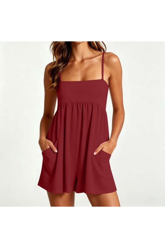 Women's Summer Sleeveless Athletic Workout Rompers Oversized Square Neck Spaghetti Strap Gym Short Jumpsuits Casual Solid Loose Lightwieght Comfy Yoga Running Overalls