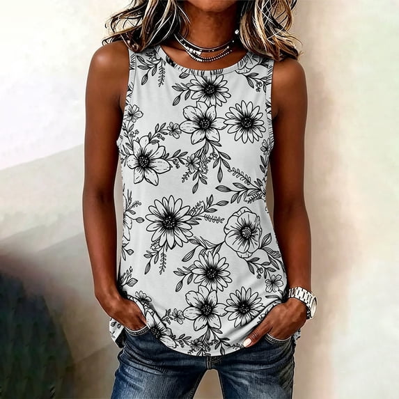 Yteetum Women's Summer Tank Tops Sleeveless Crewneck Floral Printed Shirts Womens Casual Loose Fits Lightweight Comfy Tanks