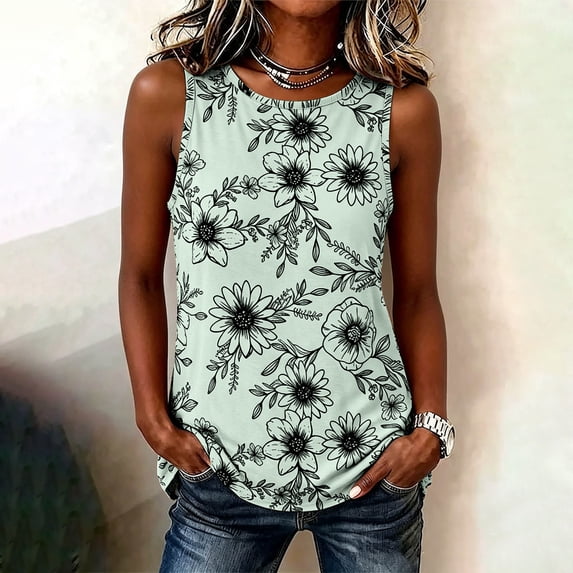 Yteetum Women's Summer Tank Tops Sleeveless Crewneck Floral Printed Shirts Womens Casual Loose Fits Lightweight Comfy Tanks
