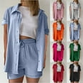 thumbnail image 1 of Yteetum Women's Summer Two Piece Short Sets Lapel Short Sleeve Shirts and High Waist Drawstring Shorts Sets Casual Short Outfits Set, 1 of 6