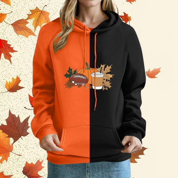 Yteetum Women's Thanksgiving Print Hoodies Sweatshirts Oversized Color-Block Thanksgiving Raglan Hooded Sweatshirts Coat Womens Casual Plus Size Loose Fits Long Sleeve Pullover Hooded Sweatshirt Top