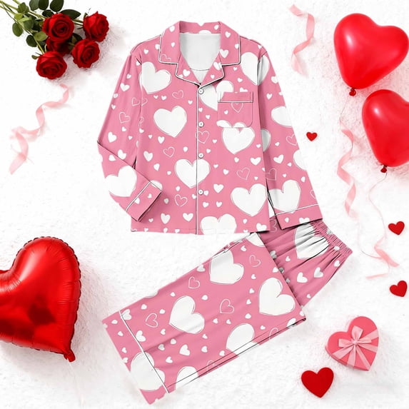 Yteetum Women's Valentines Pajama Sets Plus Size Notch Collar Button Down Valentine's Day Print T Shirt Top and Pjs Pant 2 Piece Matching Set Casual Lapel Sleepwear Shirt Pjs Loungewear Two Piece Set