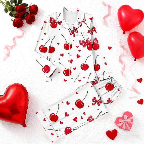 Yteetum Women's Valentines Pajama Sets Plus Size Notch Collar Button Down Valentine's Day Print T Shirt Top and Pjs Pant 2 Piece Matching Set Casual Lapel Sleepwear Shirt Pjs Loungewear Two Piece Set