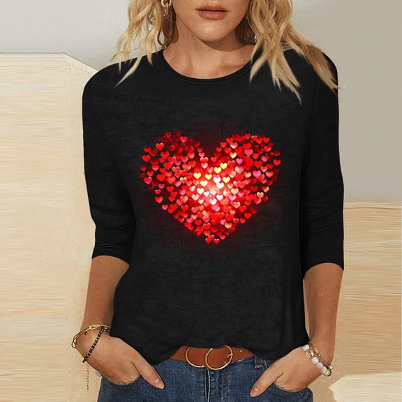 Yteetum Women's Valentines T Shirts Oversized Crewneck Valentine's Day Graphic Printed 3/4 Length Sleeve Shirt Tops Womens Casual Round Neck Loose Comfy Loves Heart Print Three Quarter Sleeve Shirts