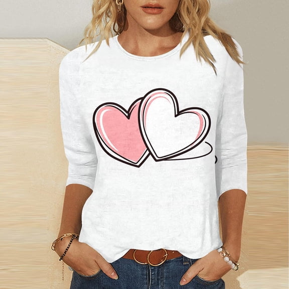 Yteetum Women's Valentines T Shirts Oversized Crewneck Valentine's Day Graphic Printed 3/4 Length Sleeve Shirt Tops Womens Casual Round Neck Loose Comfy Loves Heart Print Three Quarter Sleeve Shirts