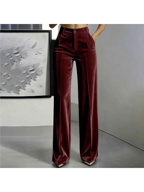 Women's Velvet Dress Pants Elegant High Waisted Straight Wide Leg Velour Business Dressy Pant Fall Winter Solid Loose Comfy Office Work Pants