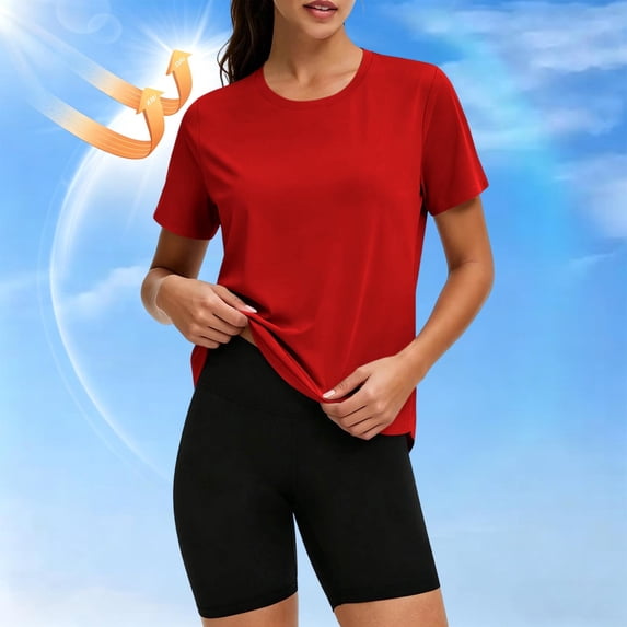 Yteetum Women's Workout Tops Short Sleeve Crewneck UPF 50+ Athletic Running Shirts Womens Solid Round Neck Lightweight Quickly Dry Gym Jogging T Shirts