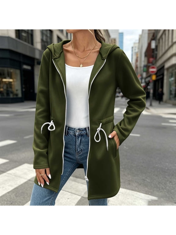 Women's Zip Up Hoodies Jackets Fall Winter Long Sleeve Drawstring Waist Midi Length Hoodie Womens Casual Solid Lightweight Loose Hooded Coat