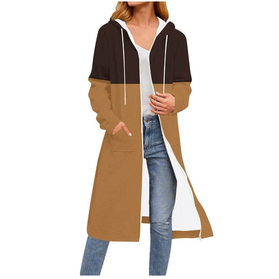 Yteetum Women's Zipper Hoodies Sweatshirts Oversize Color-Block Printed Drawstring Hooded Jackets Coats Womens Casual Print Zip Up Loose Long Sleeve Long Length Pockets Hood Jackets Fall Coats