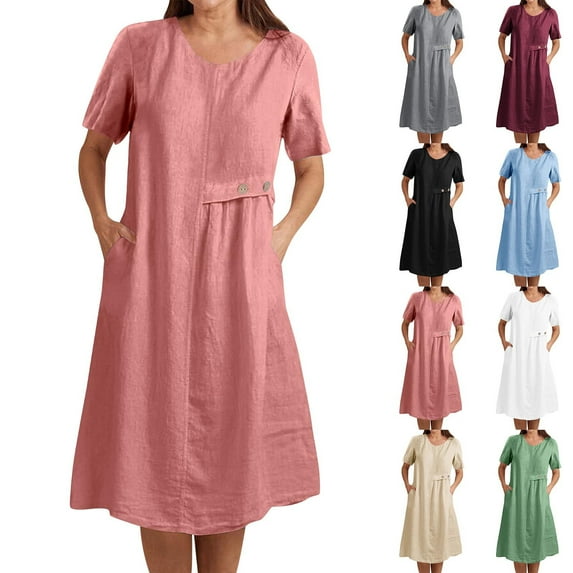 Yteetum Womens Beach Midi Dress Summer Cotton Linen Short Sleeve Button Pocket Beach Dress Ladies Crewneck Holiday Solid Color Hollowed Out Party Knee Length Hawaiian Beach Dress