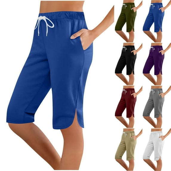 Yteetum Womens Bermuda Shorts Elastic Waist Athletic Shorts Fashion Sports Casual Drawstring Pocket Knee Length Shorts Leg Split Five Short Pants