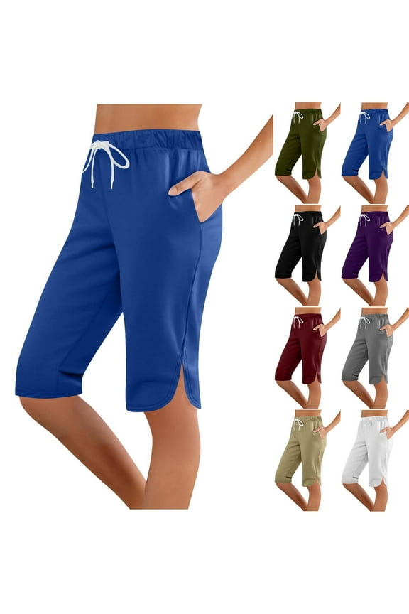Womens Bermuda Shorts Elastic Waist Athletic Shorts Fashion Sports Casual Drawstring Pocket Knee Length Shorts Leg Split Five Short Pants
