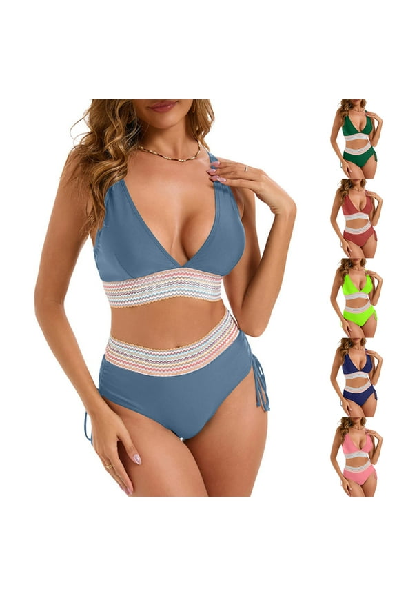 Womens Bikinis Swimsuits Fashion High Waisted Split Color Two Piece Swimwear Sets Female Drawstrings to Gathers and Flatten the Stomach Bathing Suits XXL
