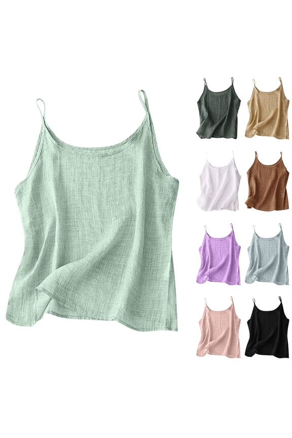 Womens Camisole Tank Tops Pre Shrunk Cotton and Linen Sleeveless Shirts Ladies Solid Color Loose Fits Sleeveless Bottom Inner Split Small Shirt Round Neck Tank Top