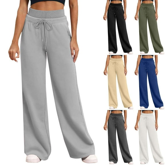 Yteetum Womens Drawstring Sweatpants Double Elastic Waist Wide Leg Pants Ladies Casual Solid Color Lightweight Loose Straight Leg Pants Jogger Lounge Sweat Pants with Pockets Summer Fall