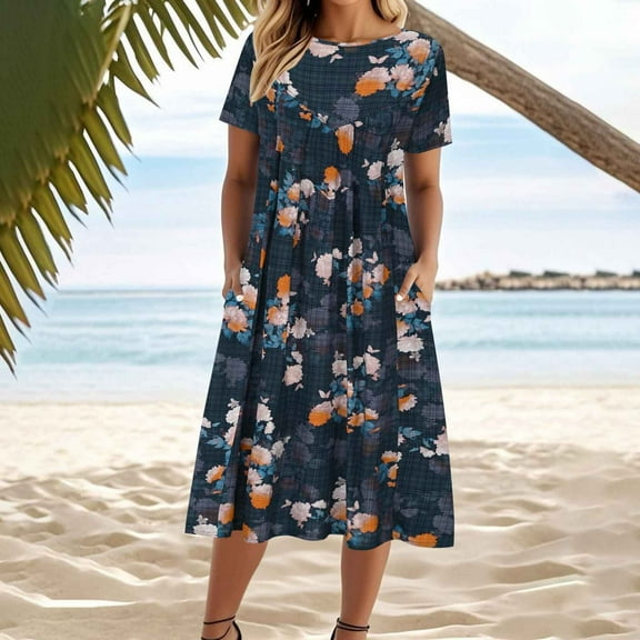 Yteetum Womens Midi Dresses Short Sleeve Midi Skirts Ladies Summer Casual Round Neck Vintage Literary Printed Cotton and Linen Patchwork Double Pocket Dresses