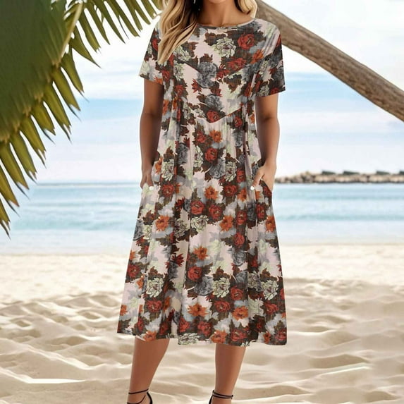 Yteetum Womens Midi Dresses Short Sleeve Midi Skirts Ladies Summer Casual Round Neck Vintage Literary Printed Cotton and Linen Patchwork Double Pocket Dresses