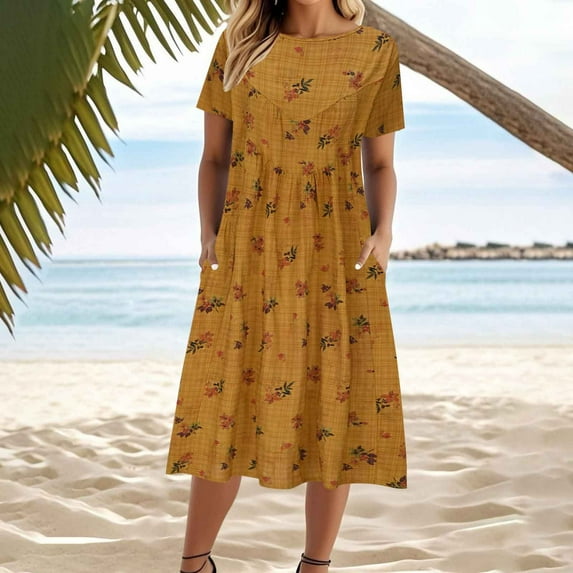 Yteetum Womens Midi Dresses Short Sleeve Midi Skirts Ladies Summer Casual Round Neck Vintage Literary Printed Cotton and Linen Patchwork Double Pocket Dresses