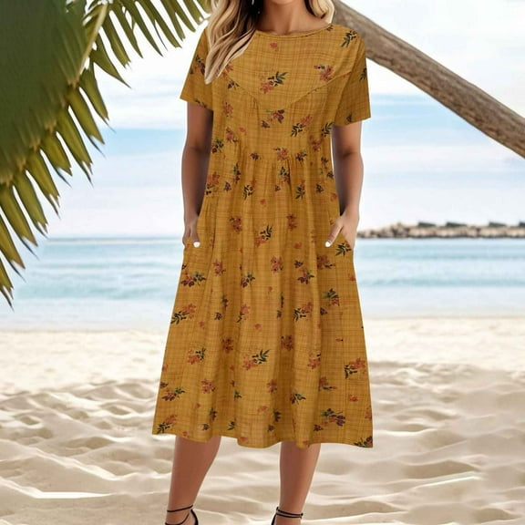Yteetum Womens Midi Dresses Short Sleeve Midi Skirts Ladies Summer Casual Round Neck Vintage Literary Printed Cotton and Linen Patchwork Double Pocket Dresses