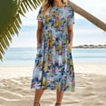 thumbnail image 1 of Yteetum Womens Midi Dresses Short Sleeve Midi Skirts Ladies Summer Casual Round Neck Vintage Literary Printed Cotton and Linen Patchwork Double Pocket Dresses, 1 of 6