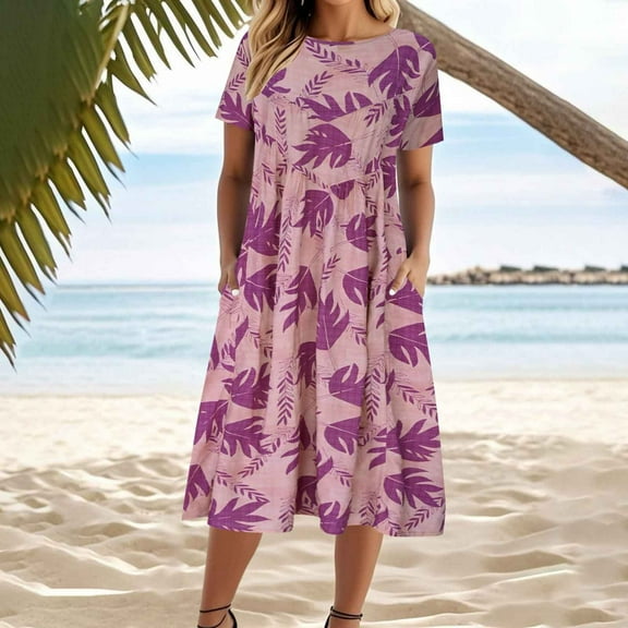 Yteetum Womens Midi Dresses Short Sleeve Midi Skirts Ladies Summer Casual Round Neck Vintage Literary Printed Cotton and Linen Patchwork Double Pocket Dresses