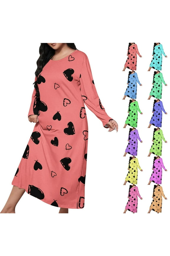 Womens Soft Print Nightgowns Pajama Maxi Long Nightshirt Print Long Sleeve Nightgown Sleep Dress Ladies Casual Loungewear Long Sleeve Sleepwear Long Robe Homewear Pajamas