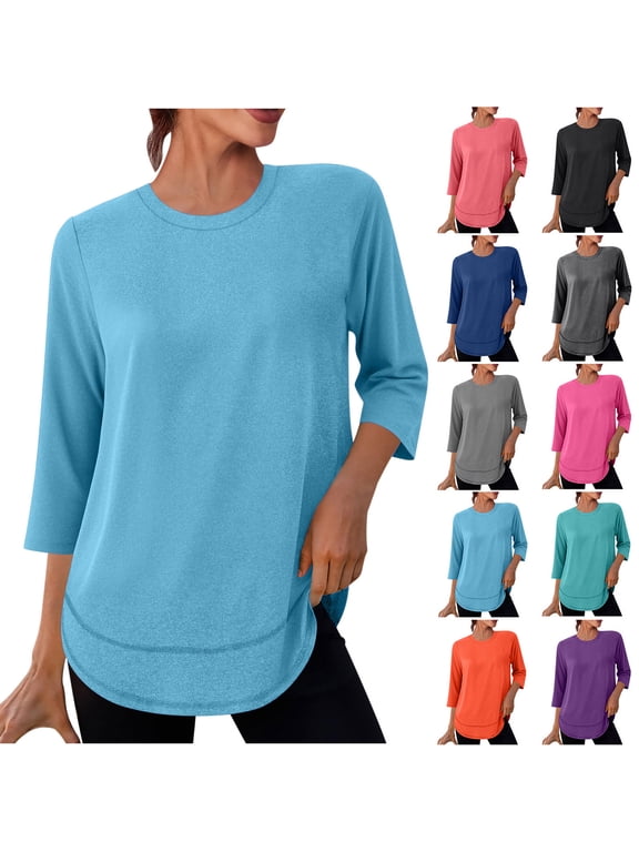Womens Summer Workout Tops 3/4 Sleeve Crewneck Shirts Ladies Pullover Long Sleeve Athletic Three Quarter Shirts UV Sun Protection UPF 50+ Quickly Dry Running Round Neck Moisture Wicking Tops