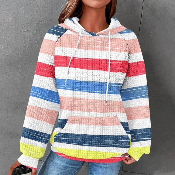 Yteetum Womens Waffle Knit Hoodies Sweatshirts Rainbow Print Drawstring Pullover Raglan Hooded Sweatshirts Coats Ladies Casual Fall Plus Size Loose Long Sleeve Pockets Sweatshirts Outwear Top