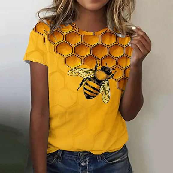 Yteetum Yellow Summer Tops for Women Fashion Crew Neck Bee Festival Printed Short Sleeve T Shirts Tops Laides Casual Comfortable Lightweight Tee Shirts Blouse