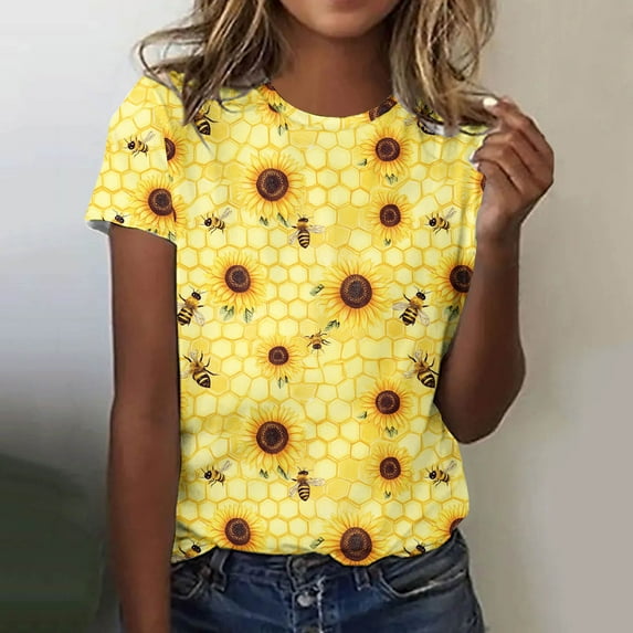 Yteetum Yellow Summer Tops for Women Fashion Crew Neck Bee Festival Printed Short Sleeve T Shirts Tops Laides Casual Comfortable Lightweight Tee Shirts Blouse