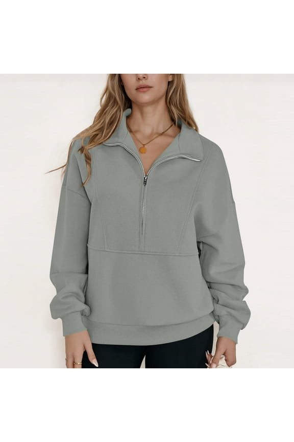 Zip Up Hoodies Jackets for Women, Oversize Quarter Zipper Turn Down Collar Hooded Jacket Coat Womens Casual Solid Half Zip Lapel Long Sleeve Hoodless Sweatshirt Jackets Top Fall Clothes