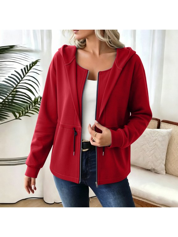 Zip Up Hoodies for Women Oversized Long Sleeve String Waist Hoodie Fall Winter Casual Solid Lightweight Loose Hooded Sweat Shirts