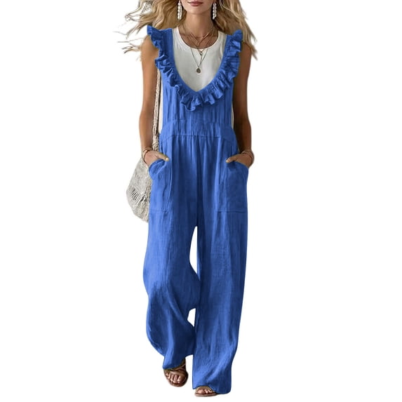 CHGBMOK Casual Summer Dressy for Women Ruffle Sleeveless Linen Jumpsuits with Pockets Wide Leg Pants