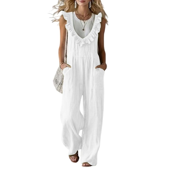 CHGBMOK Casual Summer Dressy for Women Ruffle Sleeveless Linen Jumpsuits with Pockets Wide Leg Pants
