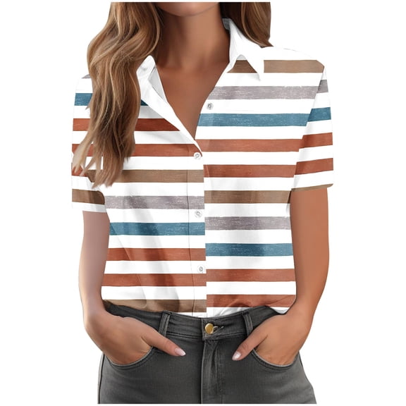 Ytndtr Fashion Women's Casual Tops Striped and Polka Dot Short Sleeved Pocket Button Down Shirts