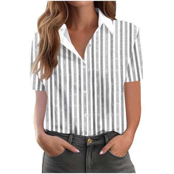 Ytndtr Fashion Women's Casual Tops Striped and Polka Dot Short Sleeved Pocket Button Down Shirts