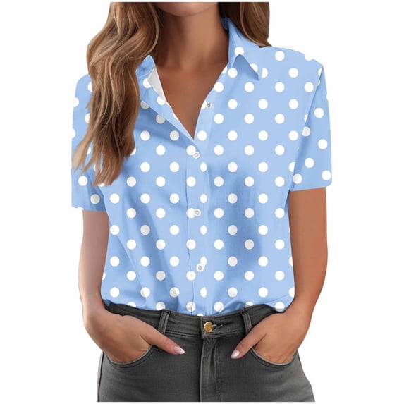 Ytndtr Fashion Women's Casual Tops Striped and Polka Dot Short Sleeved Pocket Button Down Shirts