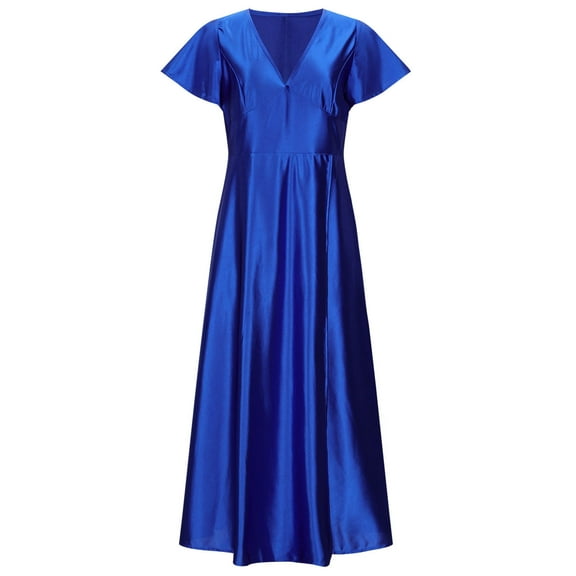 Ytndtr Long Formal Dresses for Women Split Elegant Solid Color Short Sleeve V Neck Wrap Ruffle Dresses