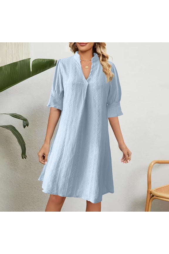 Shift Dress for Women V Neck Short Sleeves Solid Color Casual Flowy Summer Dresses