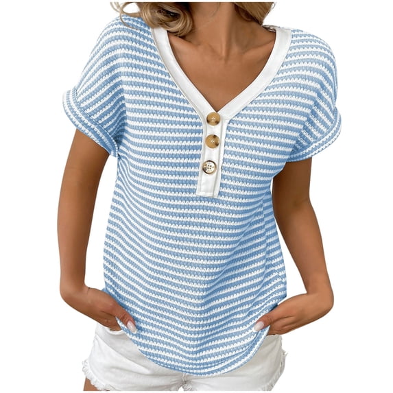 Ytndtr Short Sleeve Women Tops Striped Sweaters Crochet Knit Button Down Shirts V Neck Spring Summer Blouses