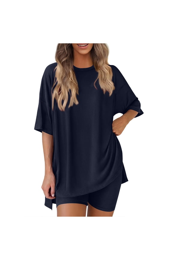 Women 2 Piece Lounge Set Summer Oversized Side Split Top High Waist Biker Shorts Airport Travel Casual Matching Outfit