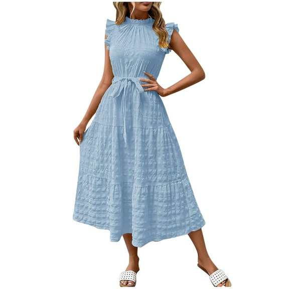 Ytndtr Women's 2026 Summer Casual Flutter Short Sleeve Crew Neck Smocked Waist Tiered Midi Dress