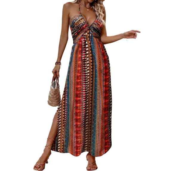 Ytndtr Women's Boho Striped Print Halter Neck Backless Tie Waist Split Maxi Dress Summer Beach Vacation Sundress