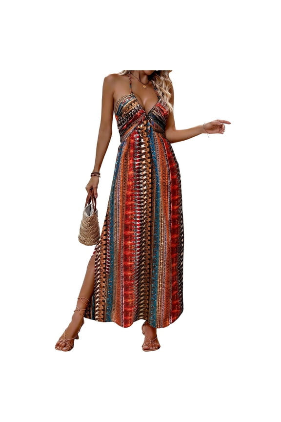 Women's Boho Striped Print Halter Neck Backless Tie Waist Split Maxi Dress Summer Beach Vacation Sundress