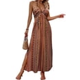thumbnail image 1 of Ytndtr Women's Boho Striped Print Halter Neck Backless Tie Waist Split Maxi Dress Summer Beach Vacation Sundress, 1 of 7